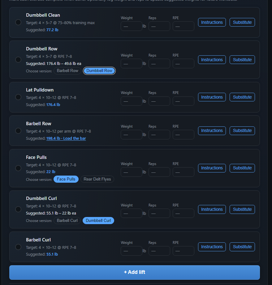 Barbell Blueprint App Dashboard
