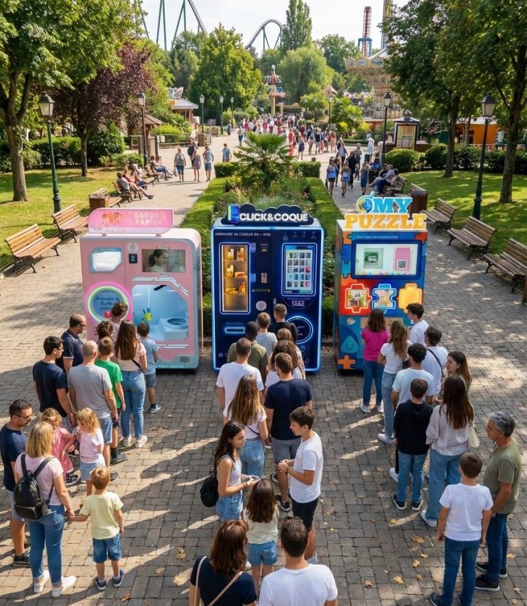 Exposition de robots de distribution automatique dans un lieu commercial moderne.