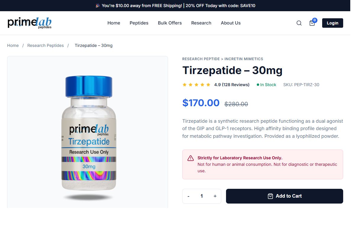 AI Redesign for primelabpeptides.com/products/tirzepatide-30mg/